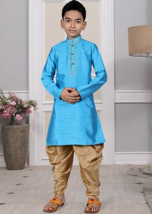 Readymade Blue Color Art Silk Kids Dhoti Kurta