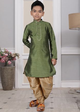 Readymade Green Color Art Silk Kids Dhoti Kurta