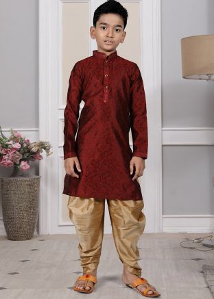 Readymade Maroon Color Brocade Kids Dhoti Kurta