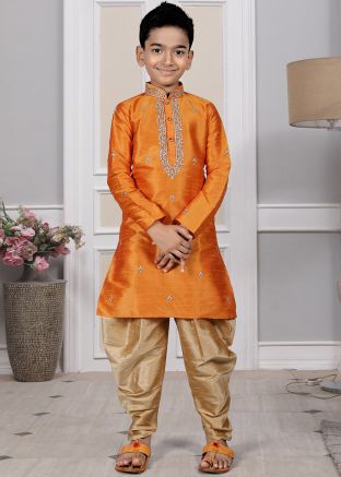 Readymade Orange Color Art Silk Kids Dhoti Kurta