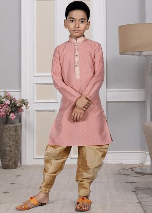Readymade Beige Color Brocade Kids Dhoti Kurta