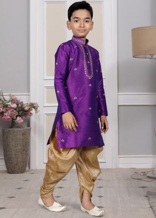 Readymade Purple Color Art Silk Kids Dhoti Kurta