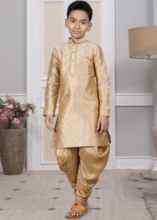 Readymade Golden Color Art Silk Kids Dhoti Kurta