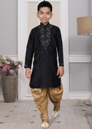 Readymade Black Color Art Silk Kids Dhoti Kurta