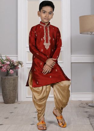 Readymade Maroon Color Art Silk Kids Dhoti Kurta