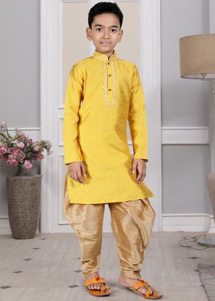 Readymade Yellow Color Art Silk Kids Dhoti Kurta