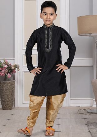 Readymade Black Color Art Silk Kids Dhoti Kurta