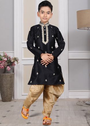 Readymade Black Color Art Silk Kids Dhoti Kurta