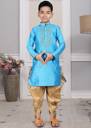 Readymade Blue Color Art Silk Kids Dhoti Kurta