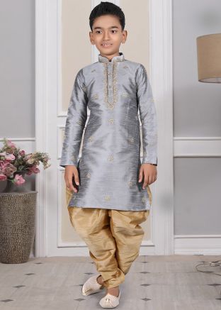 Readymade Grey Color Art Silk Kids Dhoti Kurta