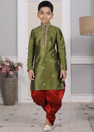 Readymade Green Color Art Silk Kids Dhoti Kurta