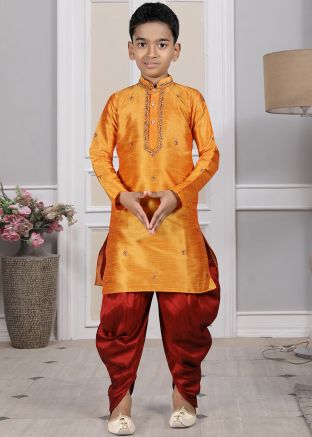 Readymade Orange Color Art Silk Kids Dhoti Kurta