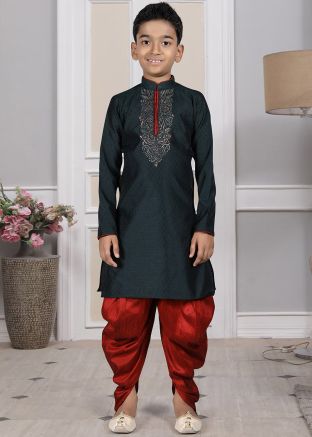 Readymade Black Color Art Silk Kids Dhoti Kurta
