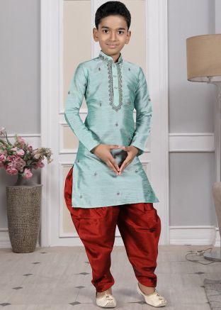 Readymade Turquoise Color Art Silk Kids Dhoti Kurta