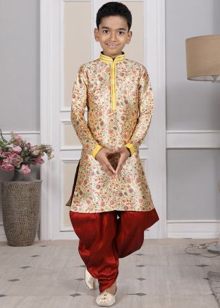 Readymade Golden Color Art Silk Kids Dhoti Kurta