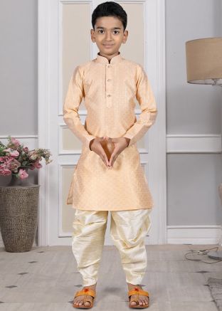 Readymade Beige Color Brocade Kids Dhoti Kurta
