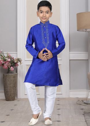 Readymade Blue Color Art Silk Kids Kurta Pajama