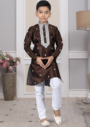 Readymade Brown Color Art Silk Kids Kurta Pajama