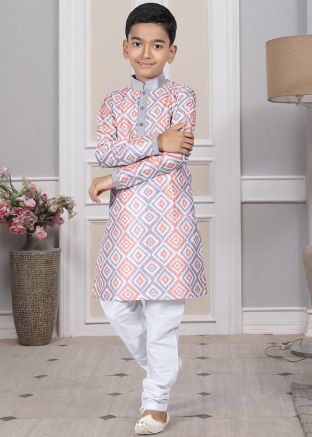 Readymade Grey Color Art Silk Kids Kurta Pajama