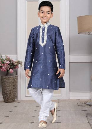 Readymade Blue Color Art Silk Kids Kurta Pajama