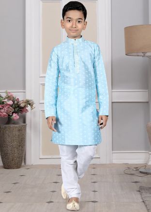 Readymade Blue Color Art Silk Kids Kurta Pajama