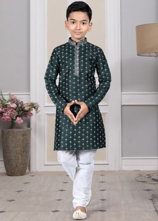 Readymade Green Color Art Silk Kids Kurta Pajama