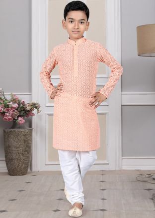 Readymade Beige Color Silk Kids Kurta Pajama
