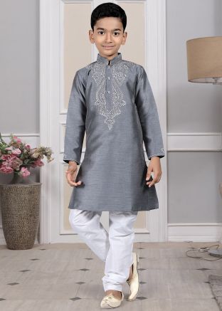 Readymade Grey Color Art Silk Kids Kurta Pajama