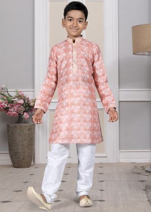 Readymade Beige Color Art Silk Kids Kurta Pajama
