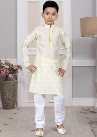 Readymade Yellow Color Silk Kids Kurta Pajama