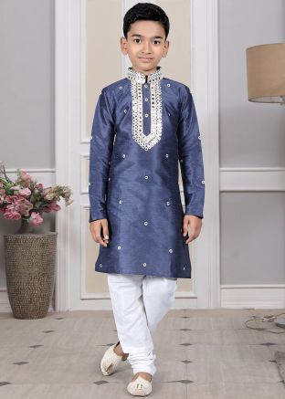 Readymade Blue Color Art Silk Kids Kurta Pajama