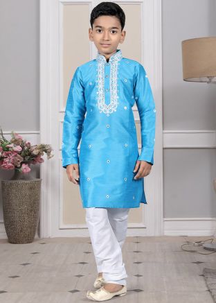 Readymade Blue Color Art Silk Kids Kurta Pajama