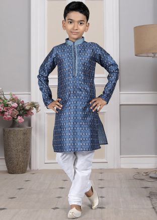 Readymade Blue Color Silk Kids Kurta Pajama