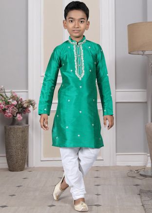 Readymade Green Color Art Silk Kids Kurta Pajama