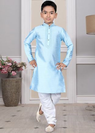 Readymade Blue Color Art Silk Kids Kurta Pajama