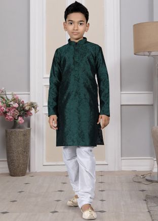 Readymade Green Color Brocade Kids Kurta Pajama