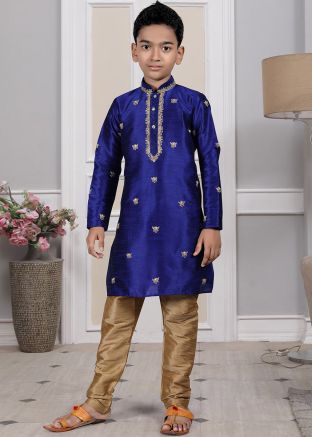Readymade Blue Color Art Silk Kids Kurta Pajama