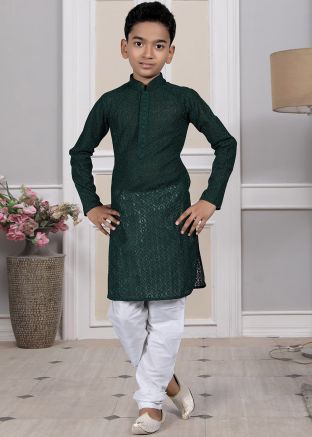 Readymade Green Color Silk Kids Kurta Pajama