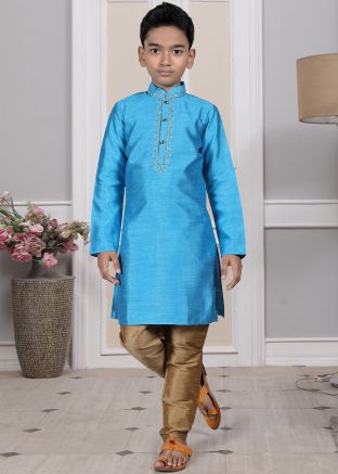 Readymade Blue Color Art Silk Kids Kurta Pajama