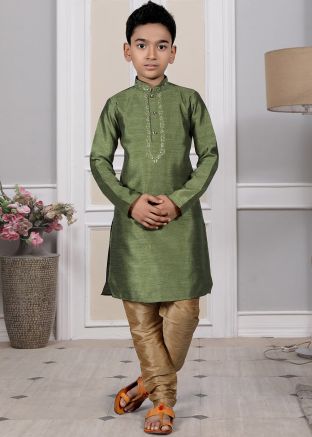 Readymade Green Color Art Silk Kids Kurta Pajama