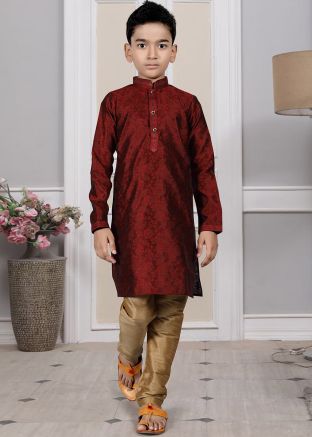 Readymade Maroon Color Silk Kids Kurta Pajama