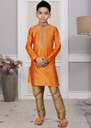 Readymade Orange Color Art Silk Kids Kurta Pajama