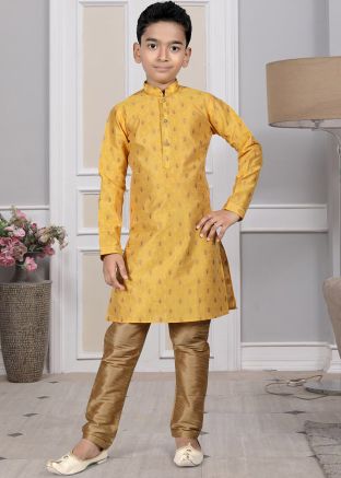 Readymade Yellow Color Art Silk Kids Kurta Pajama