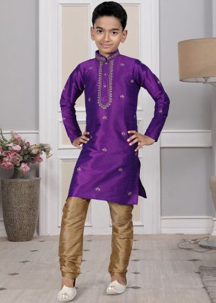 Readymade Purple Color Art Silk Kids Kurta Pajama