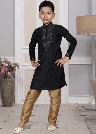 Readymade Black Color Art Silk Kids Kurta Pajama