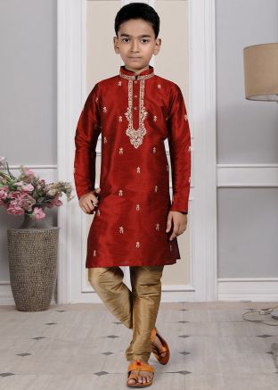 Readymade Maroon Color Art Silk Kids Kurta Pajama
