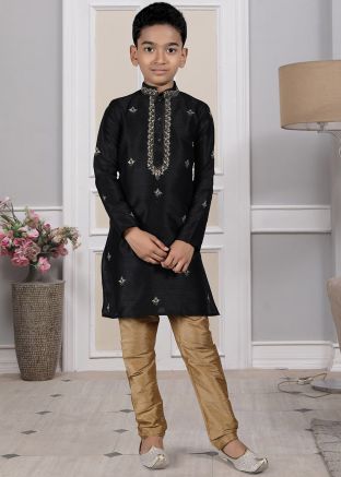 Readymade Black Color Art Silk Kids Kurta Pajama