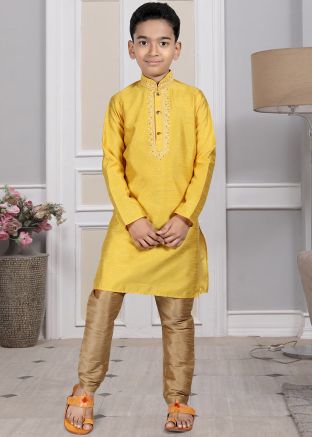 Readymade Yellow Color Art Silk Kids Kurta Pajama