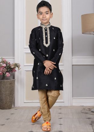 Readymade Black Color Art Silk Kids Kurta Pajama