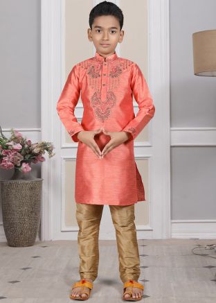 Readymade Pink Color Art Silk Kids Kurta Pajama